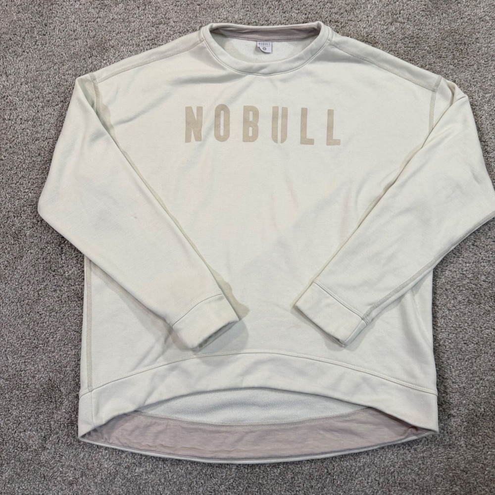NOBULL Womens S Graphic Crewneck Sweatshirt Cream Off-White High-Low Pullover